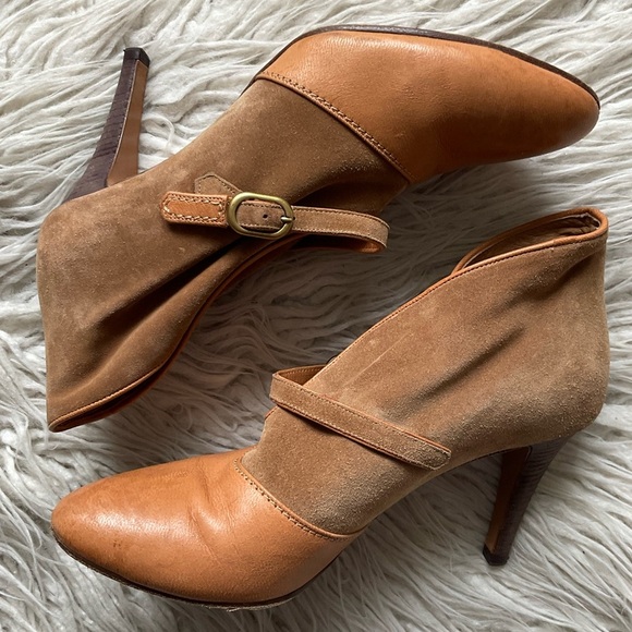 Chloe Tan Suede Leather Switch Color Block Mixed Media High Heel Booties Size 39 - Picture 2 of 11